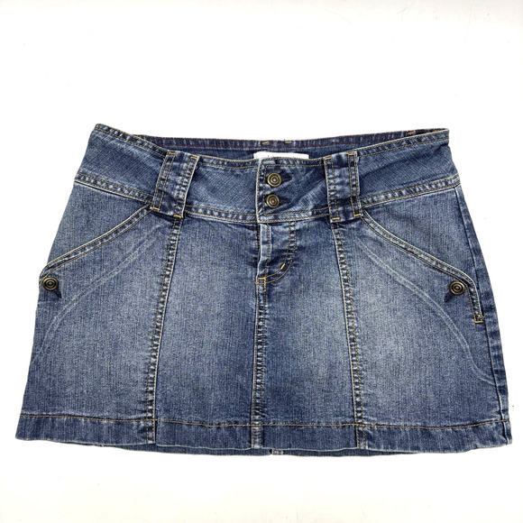 Vintage 90s Y2K Xhilaration Med Wash Button Fly Stretch Denim Mini Skirt 9 29x12 - Picture 1 of 9